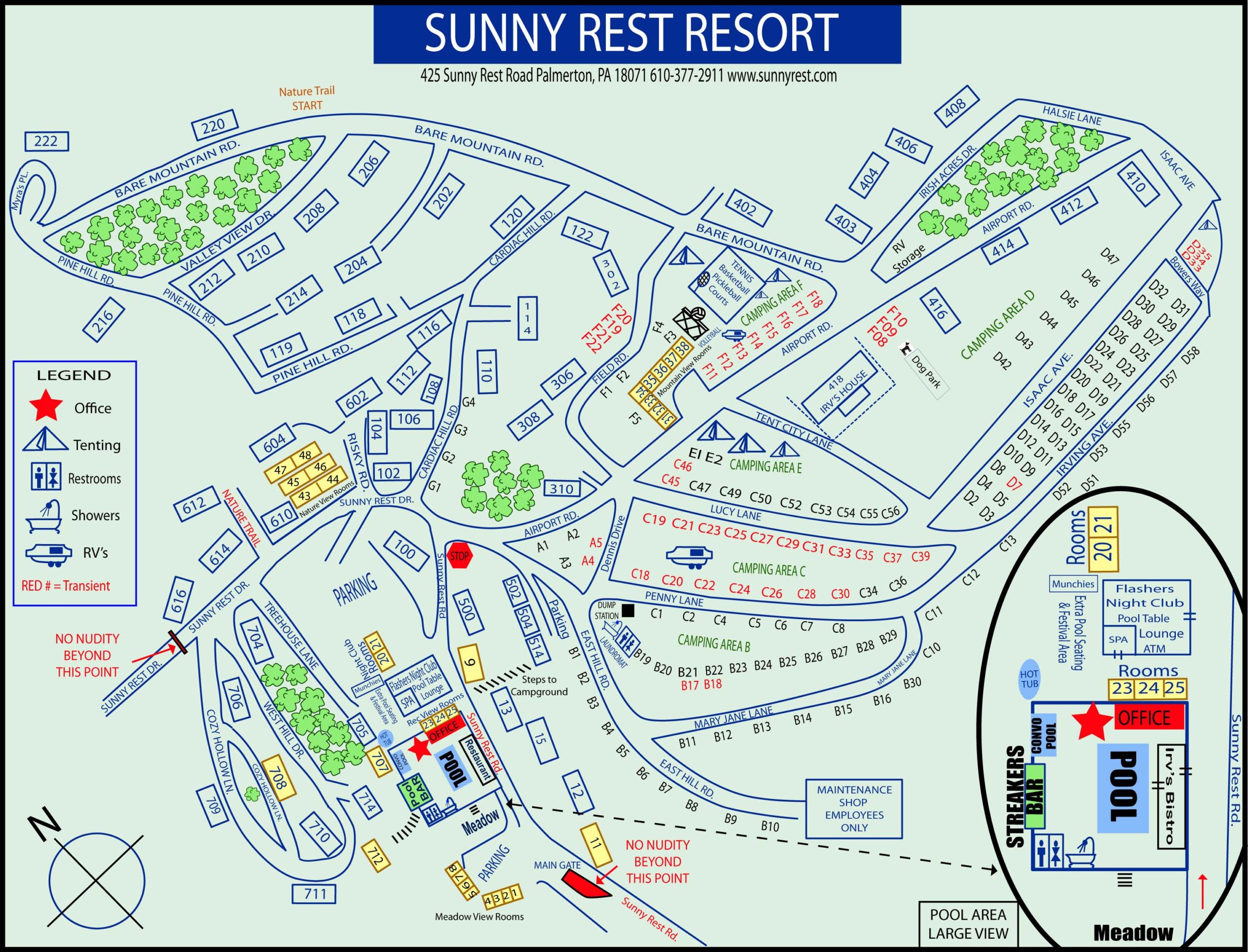 A map of Sunny Rest Resort in Palmerton PA. The map shows locations for all camping areas, rooms, amenities, offices, and borders for nudity. For assistance in navigating to a specific location, please call us at 610-377-2911.