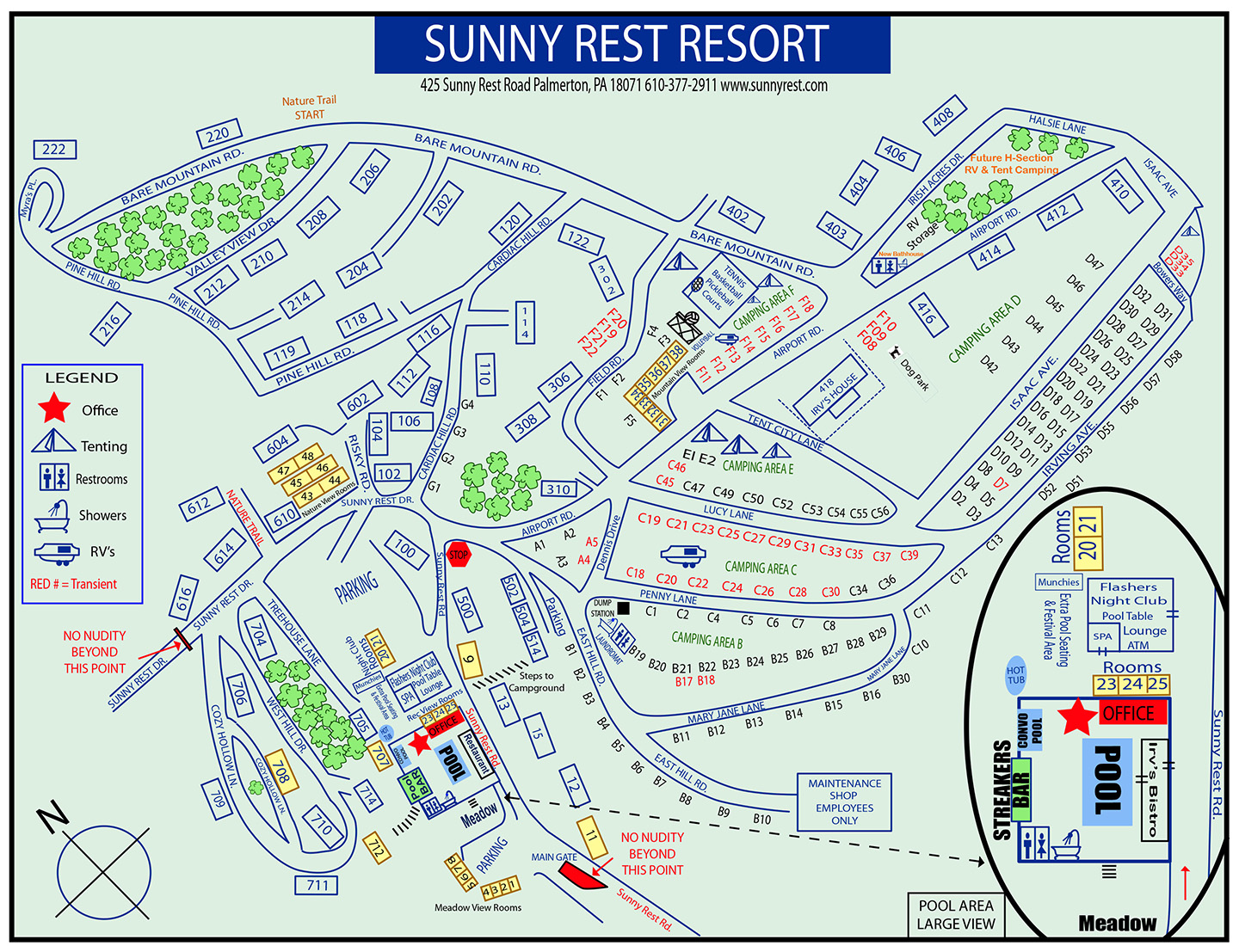 A map of Sunny Rest Resort in Palmerton PA. The map shows locations for all camping areas, rooms, amenities, offices, and borders for nudity. For assistance in navigating to a specific location, please call us at 610-377-2911.